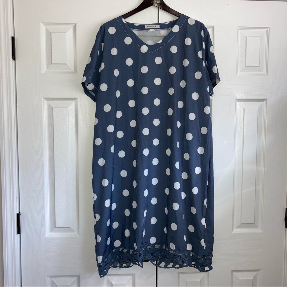 MISSLOOK 4XL Slate Blue & White Polka Dot Dress with Cutout Lace Detail at Hem